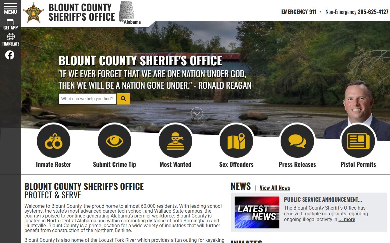 Blount County Sheriff's Office homepage linking to the inmate population roster