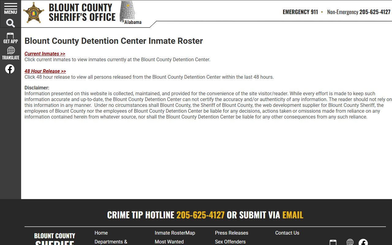 Blount County Detention Center roster chooser with current inmate and 48 hour release options