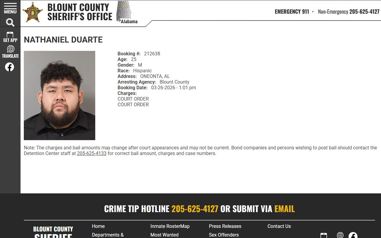 Blount County inmate profile with booking record fields