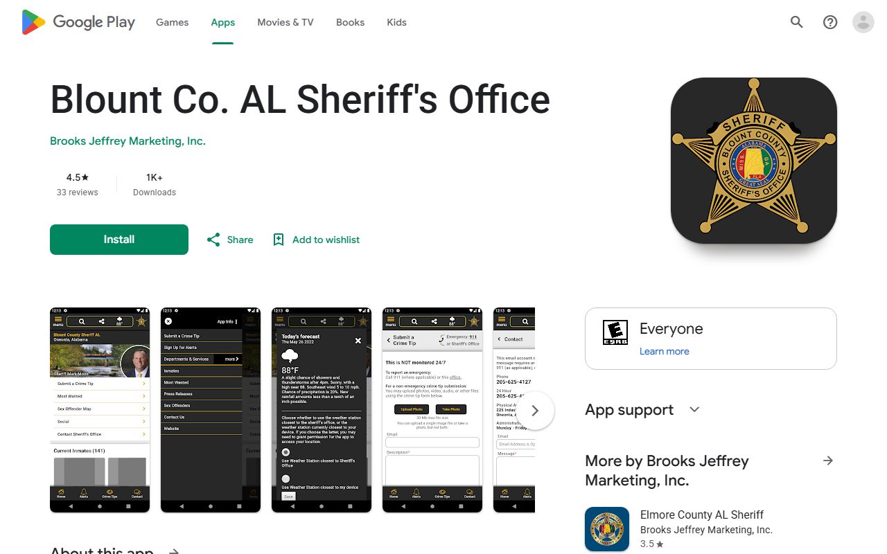 Google Play listing for the Blount County sheriff app used to check the inmate population